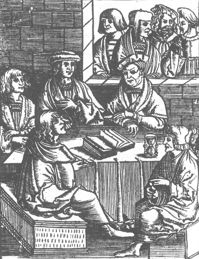 Petr Chelčický v rozpravě s univerzitními mistry, ilustrace z tištěného vydání Sítě víry z roku 1521